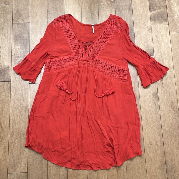 Harlow crochet embroidered boho tunic dress L burnt orange rust Boho hippie - Picture 7 of 11